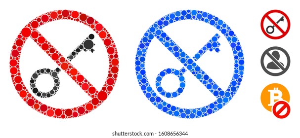 No key composition of round dots in various sizes and color tinges, based on no key icon. Vector round dots are united into blue composition. Dotted no key icon in usual and blue versions.