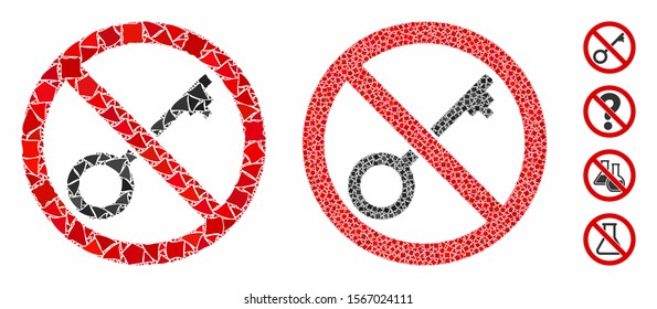 No key composition of rugged parts in variable sizes and shades, based on no key icon. Vector rugged pieces are composed into collage. No key icons collage with dotted pattern.