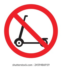 No kick scooter allowed red sign symbol prohibition. No scooter sign icon islated on white background. Riding on scooters is prohibited. Warning red round sign. The sticker. Vector flat illustration.
