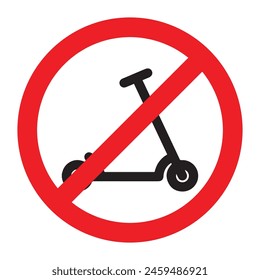 No kick scooter allowed red sign symbol prohibition. No scooter sign icon islated on white background. Riding on scooters is prohibited. Warning red round sign. The sticker. Vector flat illustration.
