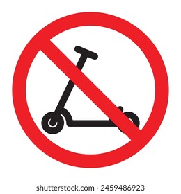 No kick scooter allowed red sign symbol prohibition. No scooter sign icon islated on white background. Riding on scooters is prohibited. Warning red round sign. The sticker. Vector flat illustration.
