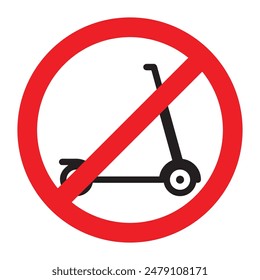 No kick scooter allowed red sign symbol prohibition. No scooter sign icon islated on white background. Riding on scooters is prohibited. Warning red round sign. The sticker. Vector flat illustration.