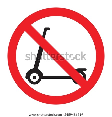 No kick scooter allowed red sign symbol prohibition. No scooter sign icon islated on white background. Riding on scooters is prohibited. Warning red round sign. The sticker. Vector flat illustration.
