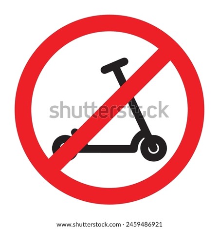 No kick scooter allowed red sign symbol prohibition. No scooter sign icon islated on white background. Riding on scooters is prohibited. Warning red round sign. The sticker. Vector flat illustration.
