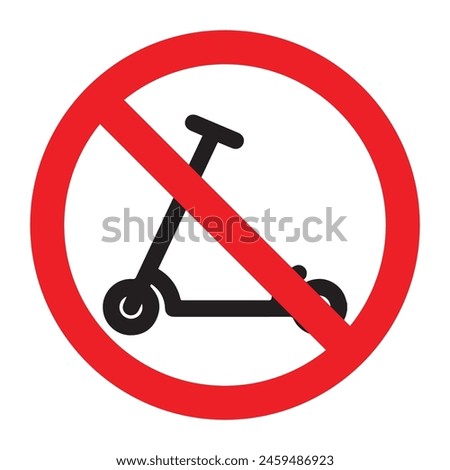 No kick scooter allowed red sign symbol prohibition. No scooter sign icon islated on white background. Riding on scooters is prohibited. Warning red round sign. The sticker. Vector flat illustration.
