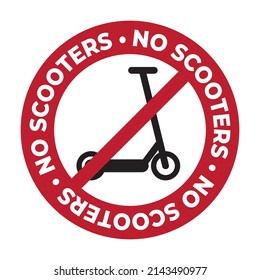 No kick scooter icon. No kick scooter icon. The red circle prohibiting sing. No push scooter forbidden sign, modern round sticker. With text.	
