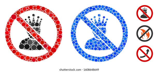 No king mosaic of filled circles in different sizes and shades, based on no king icon. Vector filled circles are combined into blue mosaic. Dotted no king icon in usual and blue versions.