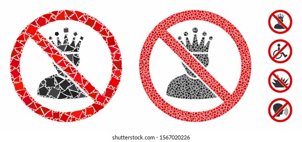 No king mosaic of rough pieces in different sizes and shades, based on no king icon. Vector rough items are composed into collage. No king icons collage with dotted pattern.