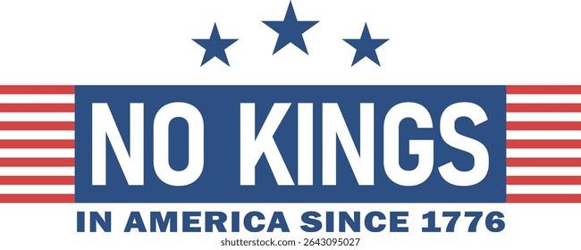 NO KINGS written on a white background on a blue banner, surrounded by American flag stripes and three blue stars celebrating America's historic freedom.