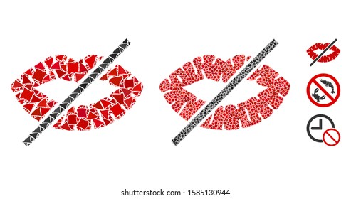 No kiss icon mosaic of bumpy items in various sizes and color hues, based on no kiss icon. Vector bumpy pieces are organized into collage. No kiss icons collage with dotted pattern.