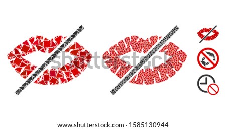 No kiss icon mosaic of bumpy items in various sizes and color hues, based on no kiss icon. Vector bumpy pieces are organized into collage. No kiss icons collage with dotted pattern.