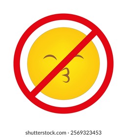 No kissing emoji. Red prohibition circle. Blocked yellow face. Vector warning sign.