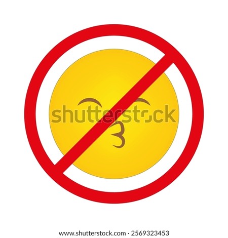 No kissing emoji. Red prohibition circle. Blocked yellow face. Vector warning sign.