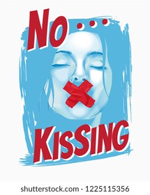 no kissing slogan with girl and tape on lips illustration