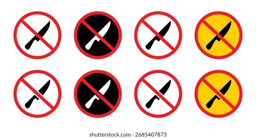 No Hay Letrero De Cuchillo. No se permite el símbolo de arma. Cuchillo tachado. Icono prohibido en un círculo rojo aislado en un fondo blanco.