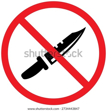 No knives allowed sign with knife silhouette inside red prohibition circle. Warning icon for restricted areas, security zones, and public facilities. Clean vector illustration isolated on a white background.