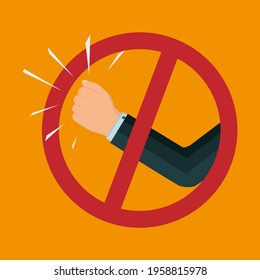 No knock sign. Please don't knock on the door. Businessman hand, stop. Silence sticker. Prohibition sign. Bright orange sticker. Isolated on a orange background. Vector