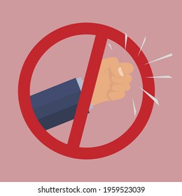 No knock sign. Please don't knock on the door. 
Prohibited. Businessman hand, stop. Bright orange silence sticker. Prohibition symbol.  Isolated on pink background. Vector