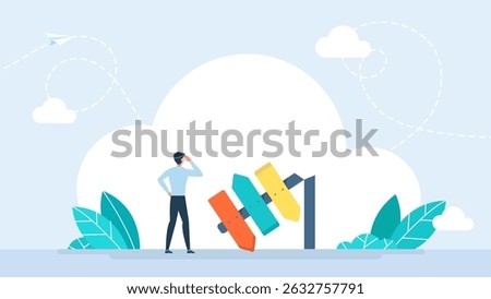No landmarks. Entrepreneur chooses the path. A man is thinking near the direction indicator. Businessman in front of a choice, chooses the path. Businessman is thinking. Vector illustration