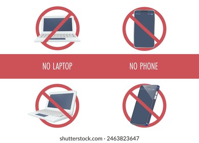 No laptop, no phone with stop sign. Electric devices not allowed in prohibited area. 3D vector.
