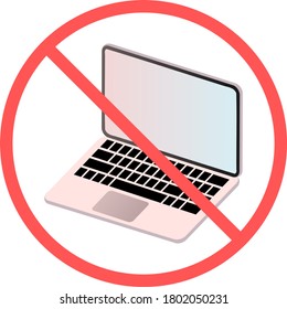 No Laptop Sign Or No Computer Technology Flat Vector Icon Isolated In White Background For Apps Mobile, Print And Websites. Warning Label.