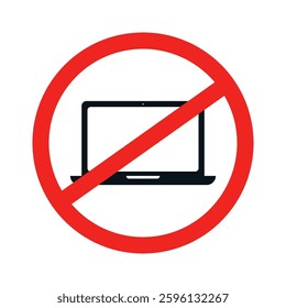No laptop sign inside a red prohibition circle. For cafes and public areas promoting a laptop-free zone. For digital detox concepts, freelancer restrictions, and no-work policies.