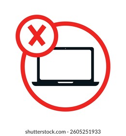 No laptop sign inside a red prohibition circle. For cafes and public areas promoting a laptop-free zone. For digital detox concepts, freelancer restrictions, and no-work policies.