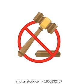 No to law. Stop sign and Hammer vector red icon. Auction hammer prohibited. Judge gavel icon. Stop sign and Hammer red icon. Censorship. Vector illustration in flat style. EPS 10.