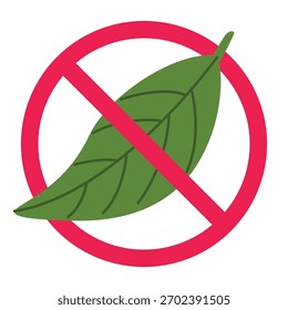 No hay letrero de hoja, no hay letrero permitido de hojas, letrero prohibido con ícono de hoja, símbolo prohibido de hoja, Ilustración vectorial
