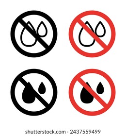 Kein Lecksignal-Symbol gesetzt. Vorsicht vor Wasseraustrittsvektorsymbol in einem schwarz gefüllten und umrissenen Stil. Wasserleckprävention und Verbotsschild.