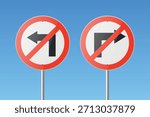 No Left Turn and No Right Turn Road Signs on Blue Sky Background. Realistic 3d Vector Prohibition Traffic Signs. Driving Rules, Street Warning Symbol for Road Safety Concept