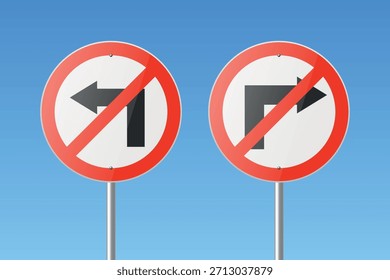 No hay giro a la izquierda y no hay señales de tráfico de giro a la derecha en el fondo azul del cielo. Señales de tráfico realistas de la prohibición del Vector 3d. Reglas de conducción, símbolo de advertencia de la calle para el concepto de seguridad vial