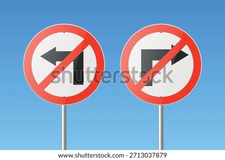 No Left Turn and No Right Turn Road Signs on Blue Sky Background. Realistic 3d Vector Prohibition Traffic Signs. Driving Rules, Street Warning Symbol for Road Safety Concept