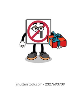 no left turn road sign mascot illustration giving a gift , character design