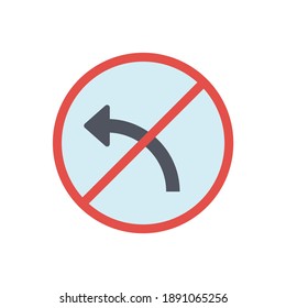 No left turn sign, left turn prohibited icon  in solid black flat shape glyph icon, isolated on white background