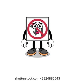 no left or U turn road sign cartoon illustration with sad face , character design