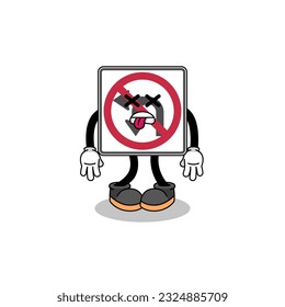 no left or U turn road sign mascot illustration is dead , character design
