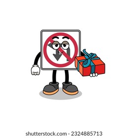 no left or U turn road sign mascot illustration giving a gift , character design