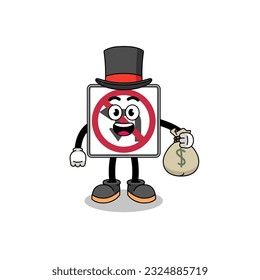 no left or U turn road sign mascot illustration rich man holding a money sack , character design