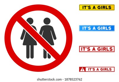 No hay signos de Pareja Lesbiana con frases en marcos rectangulares. El estilo de ilustración es un símbolo icónico plano dentro de un círculo cruzado rojo sobre un fondo blanco. Simple No Lesbian Couple vector,