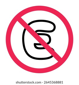No letter E sign, restricted letter e sign, letter e not allowed icon, do not use letter e sign