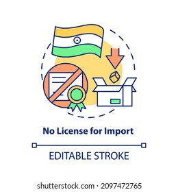 No license for import concept icon. Business incentive in India abstract idea thin line illustration. Isolated outline drawing. Editable stroke. Roboto-Medium, Myriad Pro-Bold fonts used