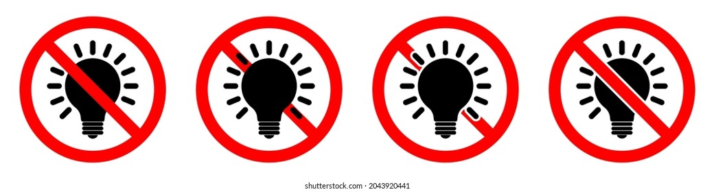No hay icono de la bombilla. La bombilla está prohibida. Detener o prohibir la señal redonda roja con el icono de la bombilla. Ilustración vectorial. Señales prohibidas.