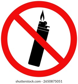 Nenhum sinal de isqueiro, nenhum isqueiro de gás ou butano, aviso de segurança. ilustração vetor plana design simples.