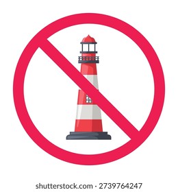 No lighthouse sign, forbidden sign with lighthouse icon, do not enter lighthouse sign, lighthouse access forbidden sign, vector illustration