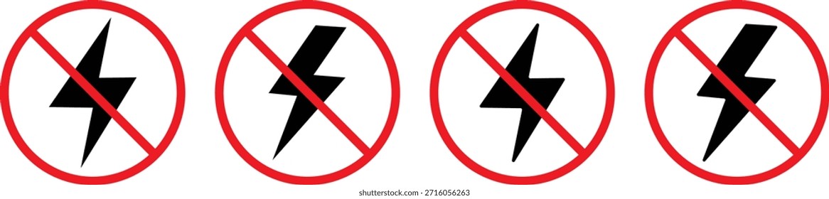 kein Blitzstromsymbol. Grafik mit elektrischer Einschränkung. Keine Energie und Stromausfälle. Verbotene Energiesymbole. Kein Stromsymbol
