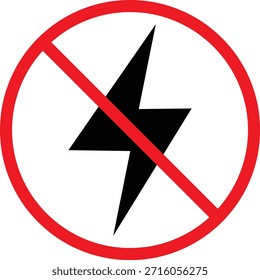 kein Blitzstromsymbol. Grafik mit elektrischer Einschränkung. Keine Energie und Stromausfälle. Verbotene Energiesymbole. Kein Stromsymbol
