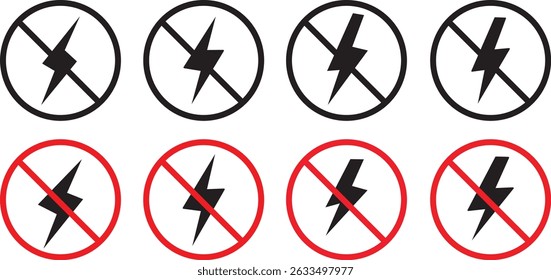 no lightning electricity icons set. No lightning symbol. bright warning.Lightning and no lightning. thunderbolt sign vector symbol.
