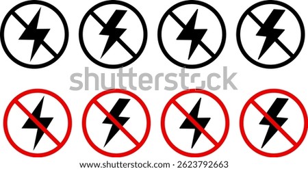 no lightning electricity sign set. Blackout icons. power outage. bright warning. Antistatic material flash icon. no electric sign
