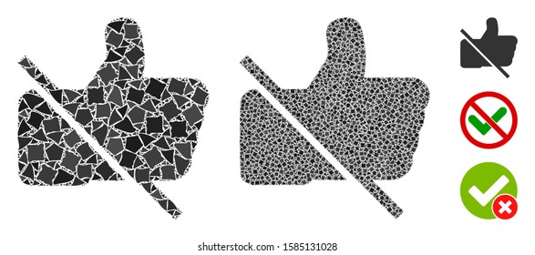 No likes icon composition of rugged elements in different sizes and color hues, based on no likes icon. Vector bumpy dots are united into composition. No likes icons collage with dotted pattern.